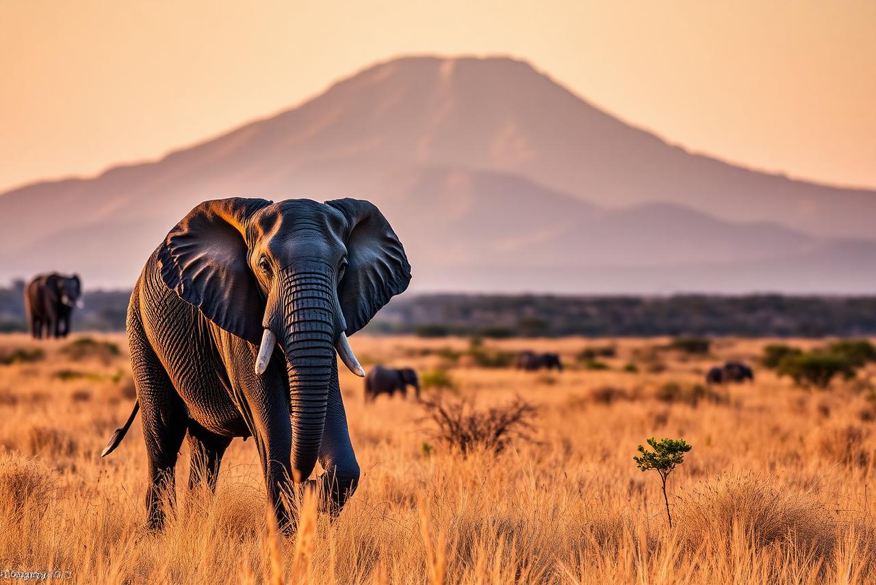Elephant in Amboseli with Mount Kilimanjaro behind