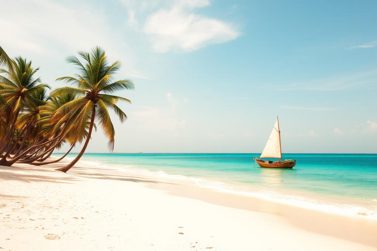 White sand beach and dhow on Kenya's South Coast