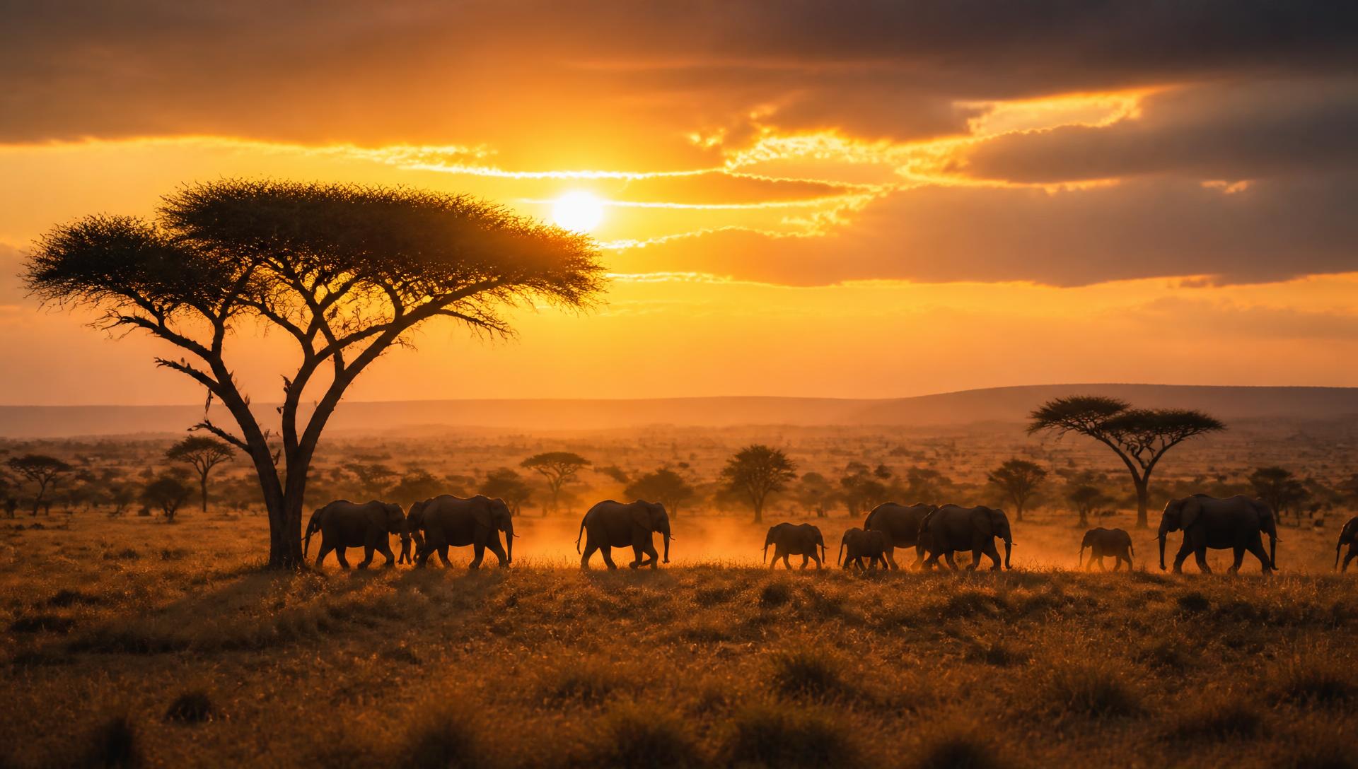 Elephants crossing the Masai Mara savanna at sunset