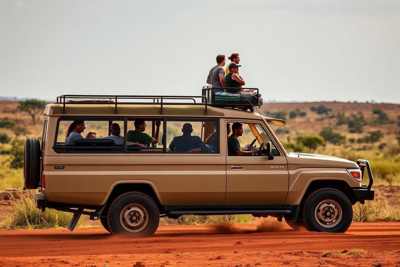 Safari Land Cruiser on a red dirt road in Kenya